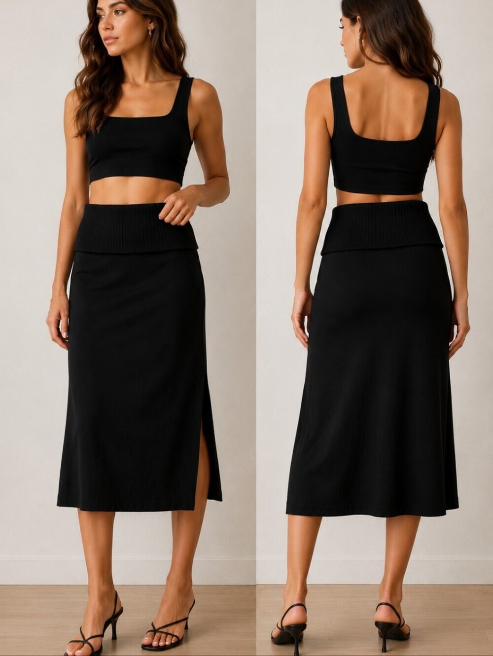 Eva Mendes Collection Black Foldover Ribbed Waist Midi Skirt Size S Minimalist - Picture 1 of 5